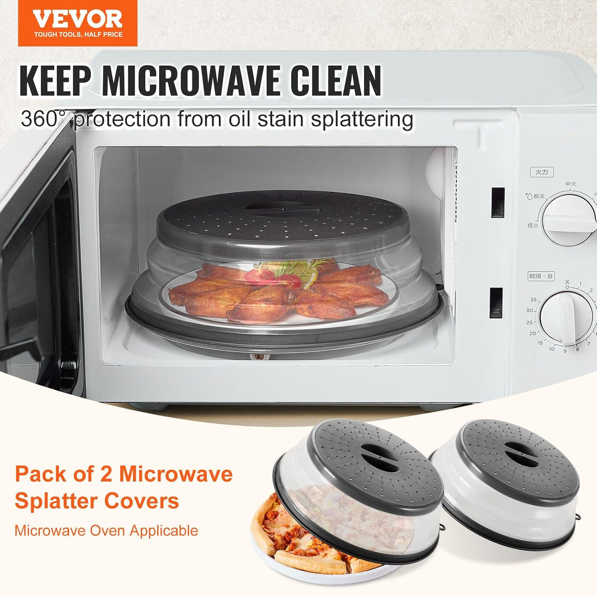 VEVOR Microwave Splatter Covers, 10.4" Collapsible Microwave Lid for Food, 300°F Heat-Resistant PP Splatter Guard for Plate Dish, Multi-Use Kitchen Colander Gadget for Washing Fruits Vegetables