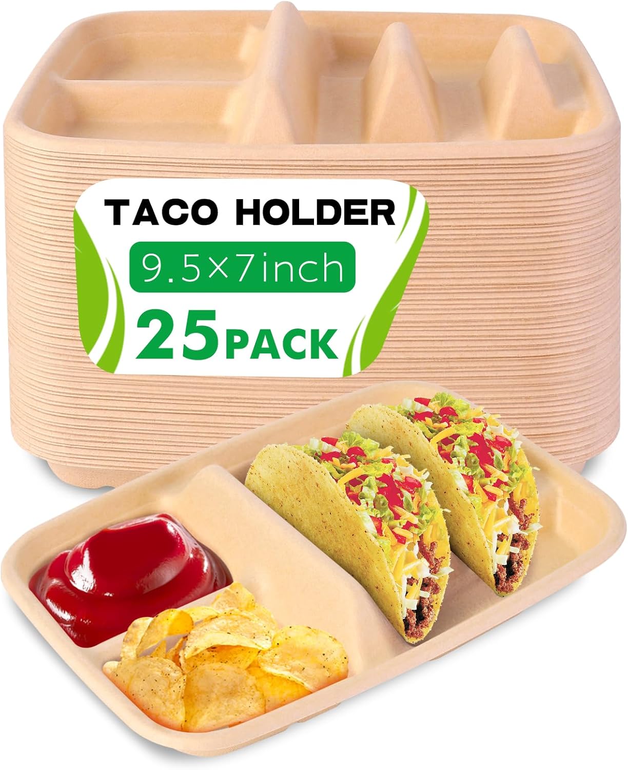 tchrules 50pcs Taco Plates Disposable for 2 Tacos & 2 Sides, Premium Paper Taco Holders for Tacos Tuesday Bar Serving Set, Decorations Supplies (50)