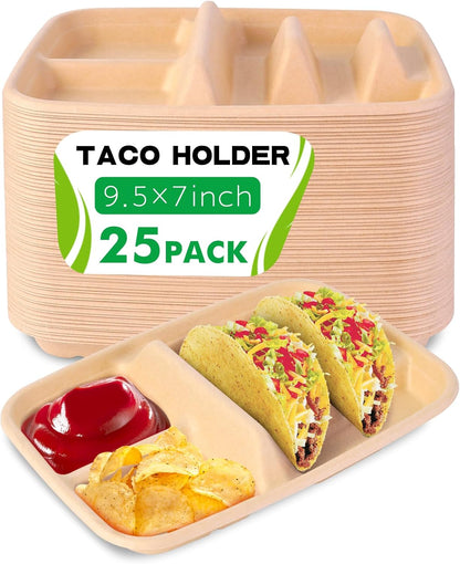 tchrules 50pcs Taco Plates Disposable for 2 Tacos & 2 Sides, Premium Paper Taco Holders for Tacos Tuesday Bar Serving Set, Decorations Supplies (50)