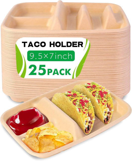 tchrules 50pcs Taco Plates Disposable for 2 Tacos & 2 Sides, Premium Paper Taco Holders for Tacos Tuesday Bar Serving Set, Decorations Supplies (50)