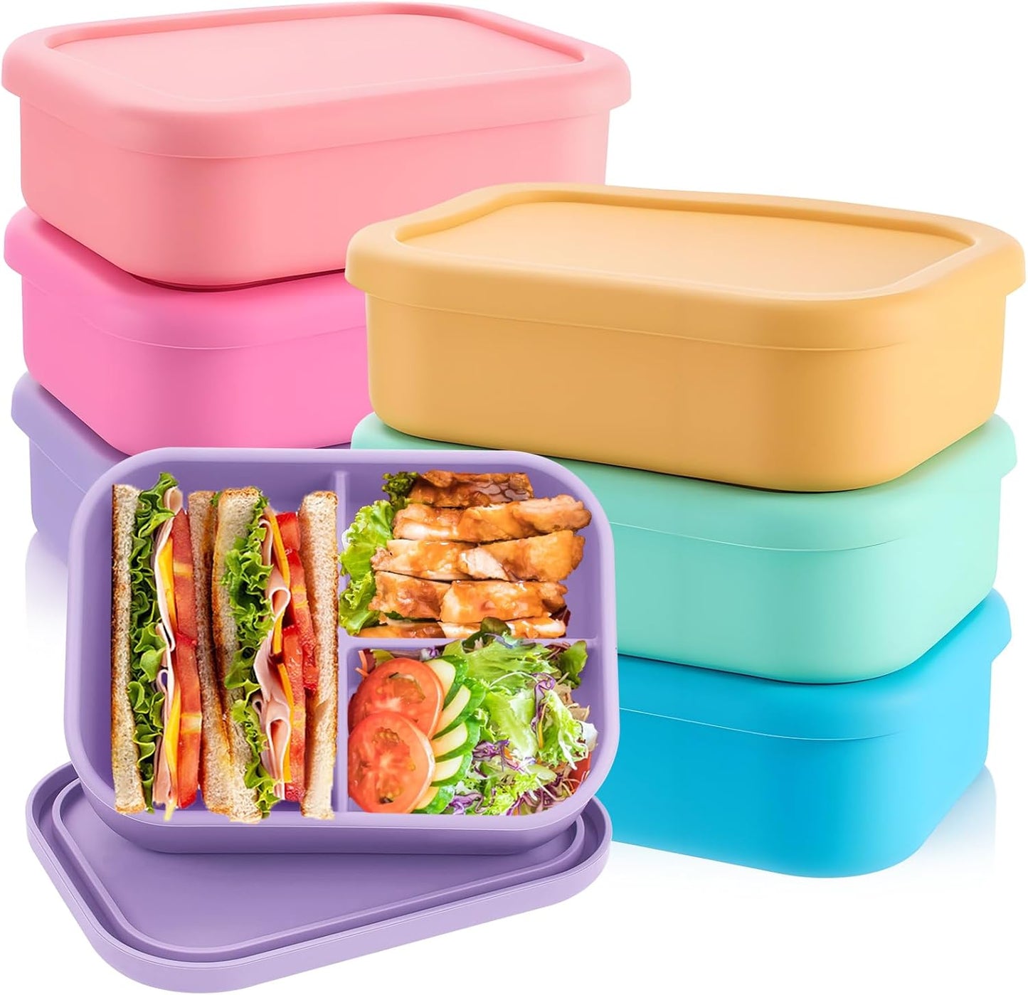 Layhit 4 Pcs Silicone Bento Box for Adults, 27 oz Bento Lunch Container Reusable 3 Compartment Lunchable Food Container for Women Men, Leak Proof Microwave Dishwasher Freezer Safe (Cool Colors)