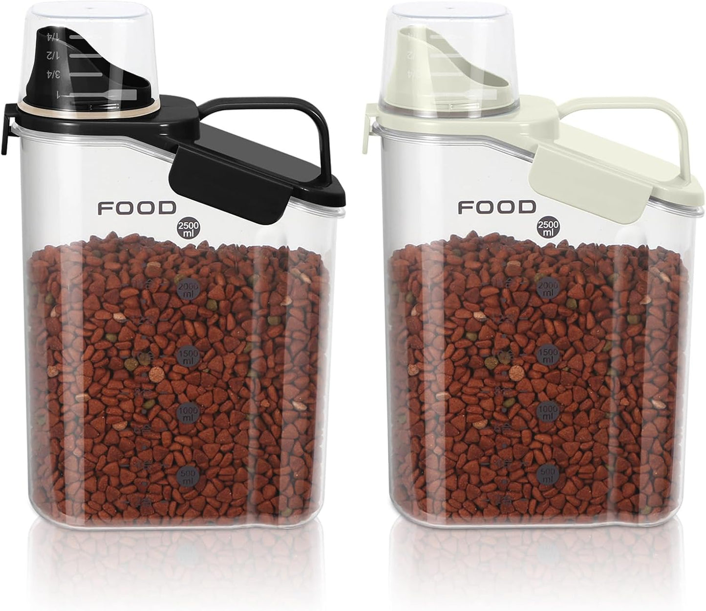 LEAWALK 3-5LBS Airtight Pet Food Storage Container PBA-free,With Large Nozzle/Measuring Cup/ 4 Press Buckle for Dogs, Cats, Birds, Chicken Lndoor and Outdoor Use (Black + Beige) 2 Pack