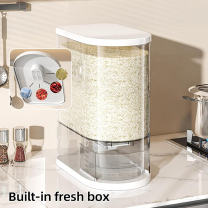 JOYZAN Large Rice Dispenser 22Lbs Clear Rice Storage Container with Measuring Cup and Built-in Fresh Box Cereal Dispenser for Countertop Kitchen Storage