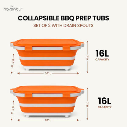 BBQ Prep Tub 2 Pack (8L+8L) - Multifunctional Collapsible Camping Cutting Board with Upgraded Locking Lid, Meal Prep Meat Storage Container Perfect for Grilling, Outdoor Cooking (Large x 2)