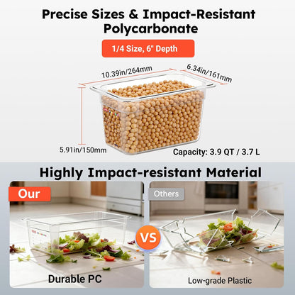 6 -Pack 1/4 Size 6" Deep Polycarbonate Food Pans, and Handled Lids Bundle