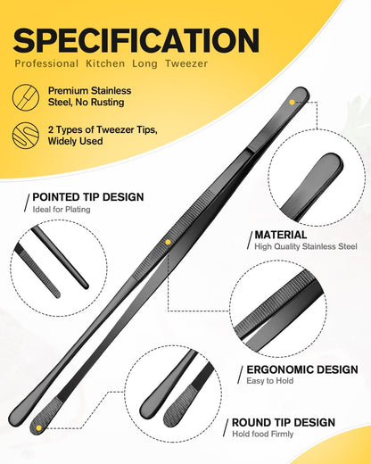 2 Pcs 10-Inch Kitchen Tweezers Fine Tweezer Tongs, Stainless Steel Professional Long Cooking Tweezers for BBQ, Sea Food, Repairing and Serving (SILVER)