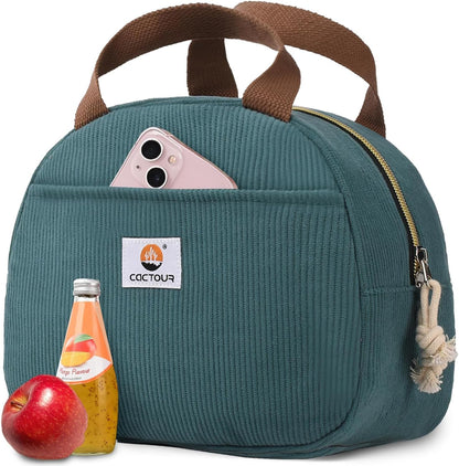 CaCTOUR Lunch Box for Women Girls Teens,Cute Lunch Box Cooler Bag, Portable Insulated Small Lunch Bag Women Reusable Corduroy Lunch Tote for Work/Travel/Picnic/School (Dog Green,Small)