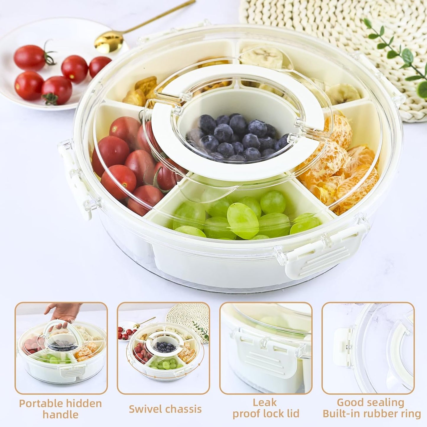Rotating Serving Tray with Lid & Handle, 6-Section Snackle Box Organizer, Portable Lazy Susan Snack Container for Candy, Fruit, Veggies, Party, Picnic & Travel (milky white)