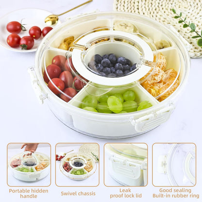 Rotating Serving Tray with Lid & Handle, 6-Section Snackle Box Organizer, Portable Lazy Susan Snack Container for Candy, Fruit, Veggies, Party, Picnic & Travel (milky white)