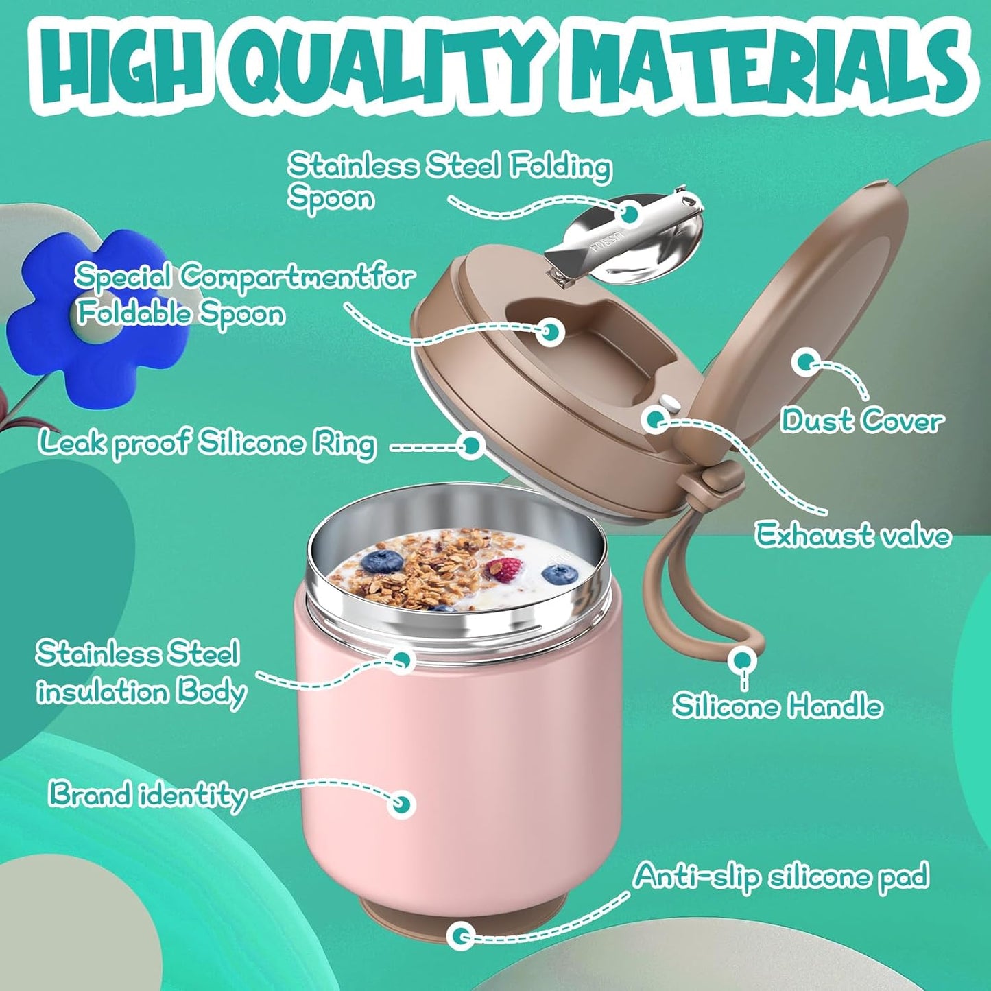 Thermo for Hot Food Kids - 15.2oz, Leak Proof Insulated Food Jar, Soup Thermo, Insulated Lunch Containers, Termos Para Comida Caliente, Wide Mouth Lunch Box with Folding Spoon and Handle