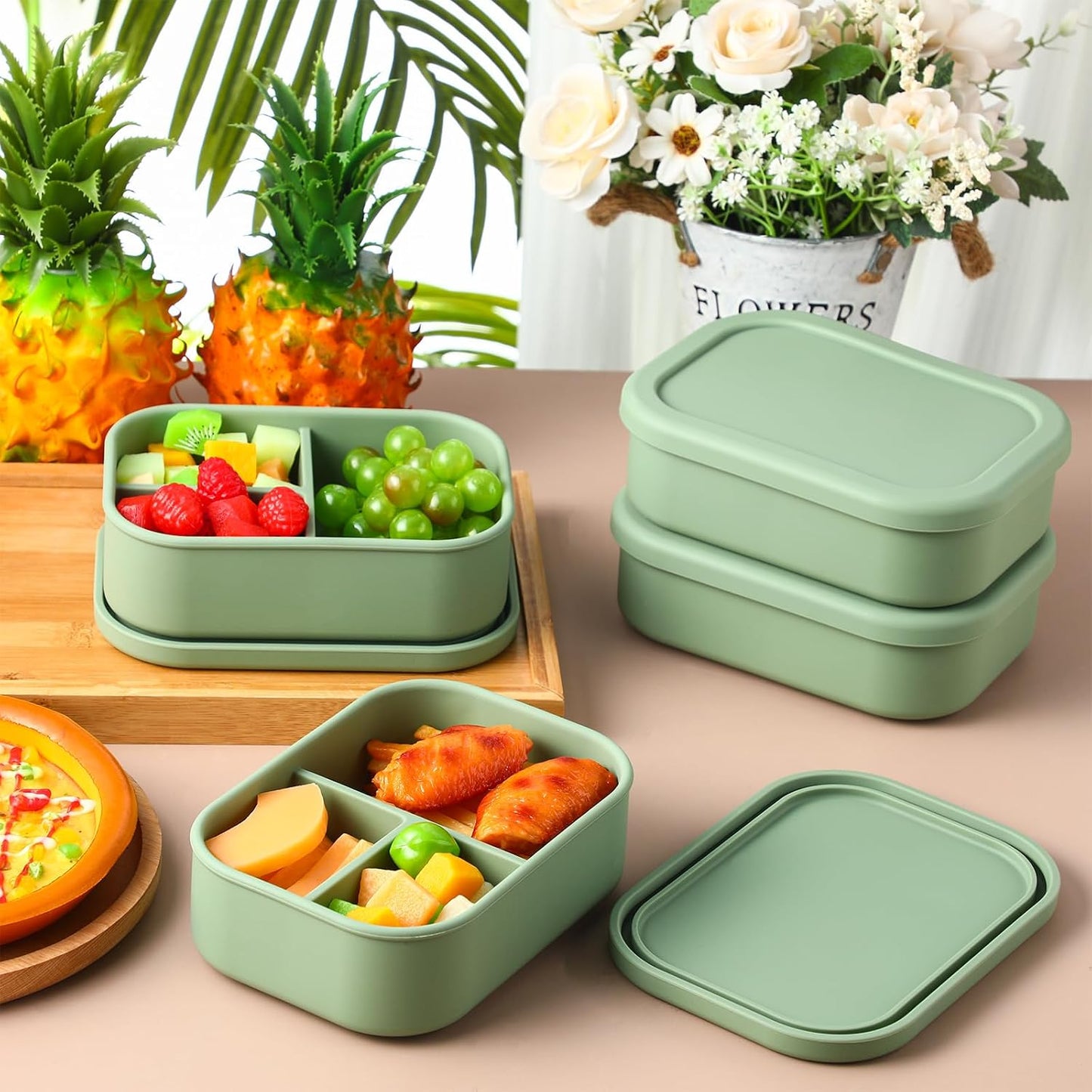 Honeydak 6 Pcs Silicone Bento Box Reusable Silicone Bento Lunch Container for Adults Microwave Dishwasher Freezer Safe 3 Compartment (Light Colors)