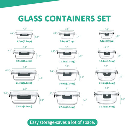 KOMUEE 24 Pieces Glass Food Storage Containers Set, Meal Prep Containers-Stackable Airtight Glass Storage Containers with lids,Freezer, Microwave, Oven Safe,Green