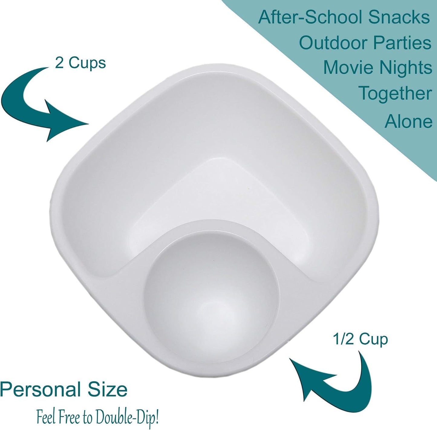 Rolling Sands Reusable Snack and Dip Bowls, 5 Pack, USA Made, Dishwasher and Microwave Safe Personal Size Plastic Divider Bowls, BPA-Free, Two Compartments to Hold Dips, Snacks and Treats