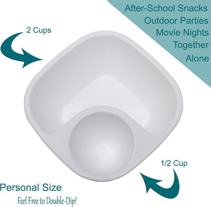 Rolling Sands Reusable Snack and Dip Bowls, 5 Pack, USA Made, Dishwasher and Microwave Safe Personal Size Plastic Divider Bowls, BPA-Free, Two Compartments to Hold Dips, Snacks and Treats