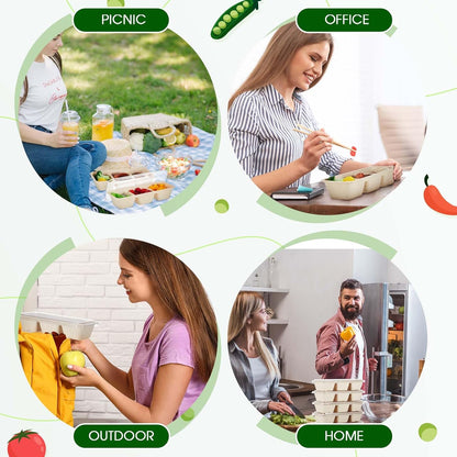 Hushee 50 Pack 17 oz 3 Compartment Snack Container Paper Small Meal Prep Containers with Lid, Disposable Bento Box Travel Lunch Food Boxes Stackable for Office Picnic