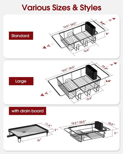 Sakugi Dish Drying Rack in Sink - Expandable Stainless Steel Dish Rack Over the Sink, Kitchen Sink Drain Strainer with Cutlery Holder & Cup Holders, 15.4 x 9.8 x 3.0 Inch, Black