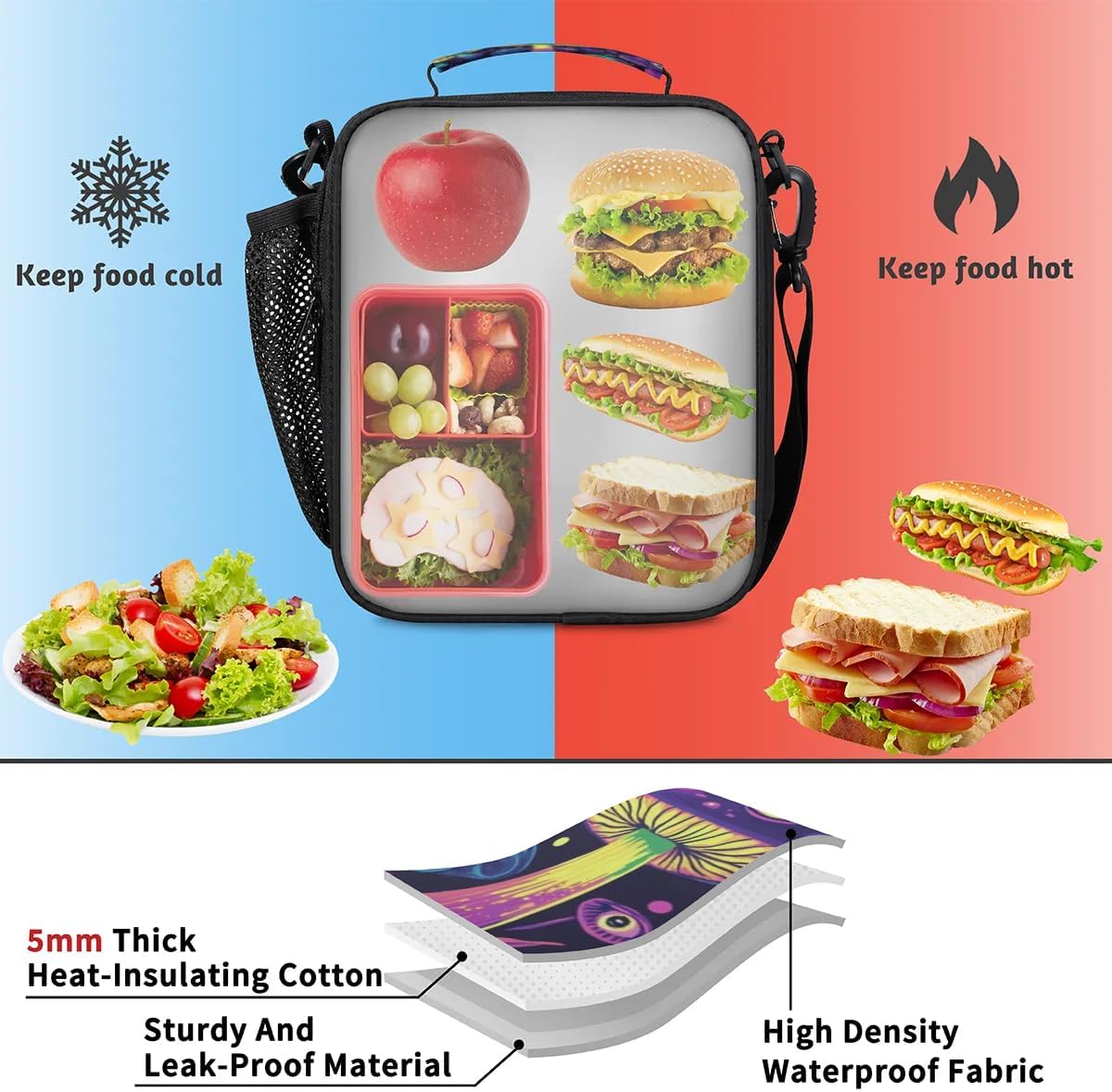 Insulated Lunch Box for Girls Kids Axolotl Lunch Bags Reusable Portable Lunchbox with Adjustable Shoulder Strap and Water Bottle Holder for Work School Travel