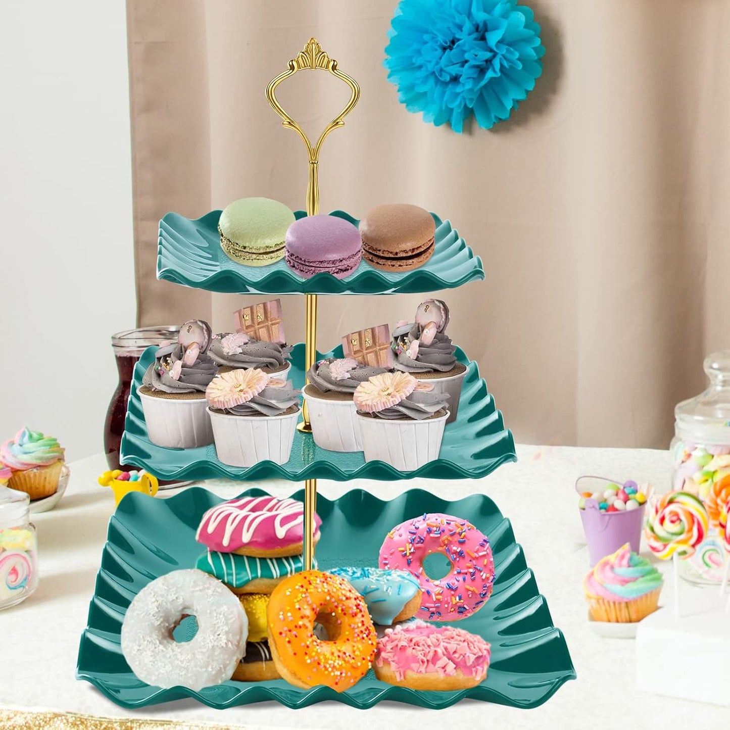 DAFURIET Dessert Cupcake Stand, 3 Tier Cup Cake Holder Tower for Tea Party/Birthday/Wedding, Plastic Tiered Serving Tray with Metal Rod, White