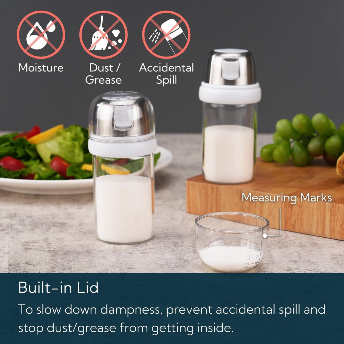 KTCHENDAO 2 in 1 Glass Salt and Pepper Shaker with Side Pour Spout, Built-in Lid for Moisture-proof, Elegant Borosilicate Glass Salt Pepper Dispenser set for Kitchen, BPA Free, 4oz (White)