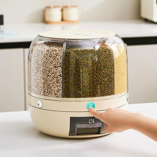 UFORU Rice Dispenser | 360° Rotating Grain Storage Bin - 6 Grids, 20LBS Large Capacity Food Container, Moisture-Proof, One-Click Output for Rice, Beans & Pet Food - Kitchen Pantry Organizer