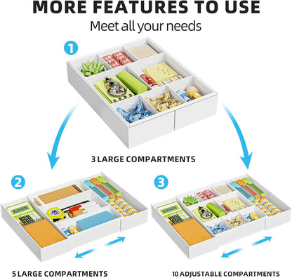Marbrasse Expandable Desk Drawer Organizer, Clear Plastic Drawer Organizer Tray with 10 Adjustable Compartments, Desk Organizers and Accessories, 5 Drawer Dividers for Office Supplies, Makeup(Clear)