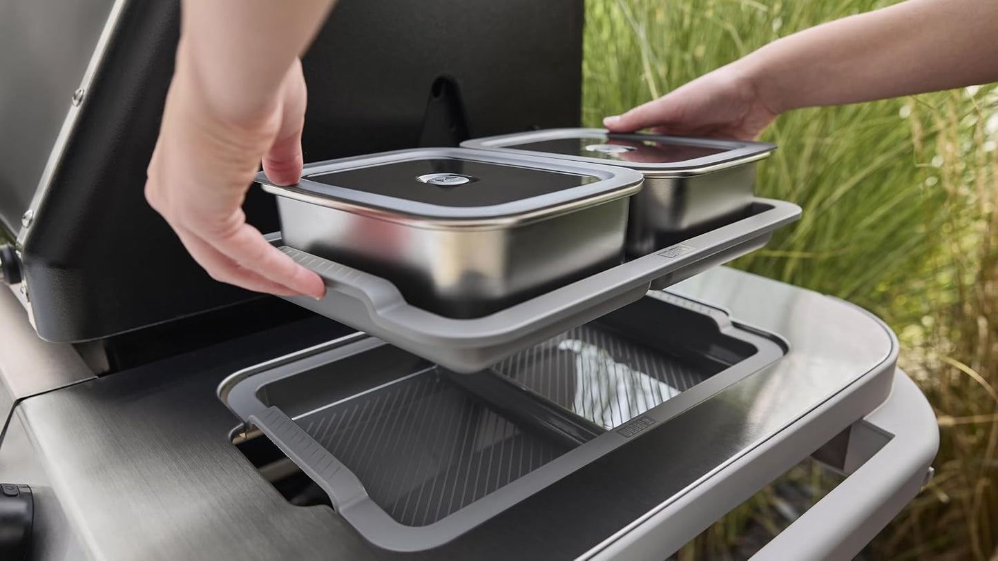 Weber Works Serving Tray – Drop‑in Grill Serving Set with Divided Trays & Stainless Steel Prep Containers with Airtight Vented Lids for Outdoor Cooking & Food Transport