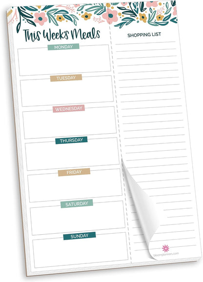 bloom daily planners Weekly Meal Planning Pad - Magnetic Hanging Refrigerator Menu Planner with Tear-Off Sheets & Perforated Grocery Shopping Lists - 6” x 9” (Grey & Pink)