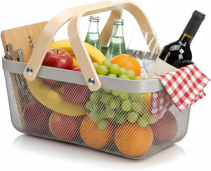 Portable Mesh Harvest Basket - Natural Bamboo Handle Foldable Organizer for Kitchen, Garden & Picnic | Ventilated Storage Bin with Rust-Proof Wire, Space-Saving Farmhouse Decor (Pink)