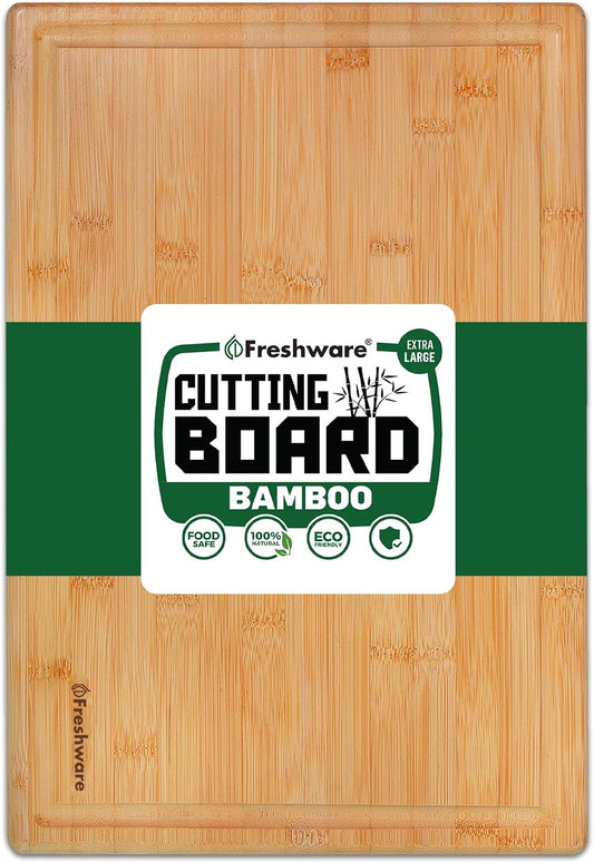 Freshware Wood Cutting Boards for Kitchen - Bamboo Cutting Board Set of 3, Cutting Boards with Juice Grooves, Serving Board Set, Chopping Board for Meat, Veggie, Easy Grip Handle (9x6", 12x8", 15x10")