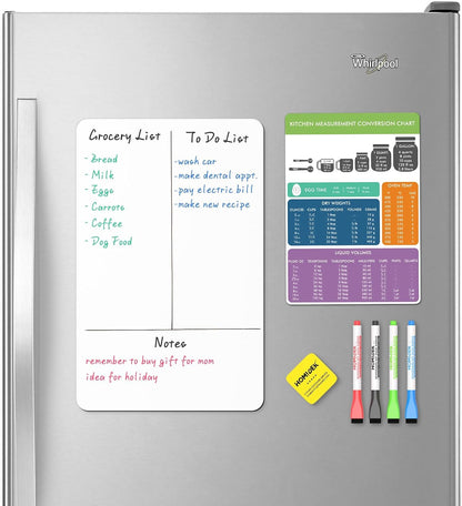 HOMiDEK Magnetic Dry Erase Board: Small Fridge Whiteboard, Flexible Refrigerator Magnet White Board, Blank Writing Note Sheet with Kitchen Conversion Chart Magnet, 4 Markers & Eraser - 12 x 8