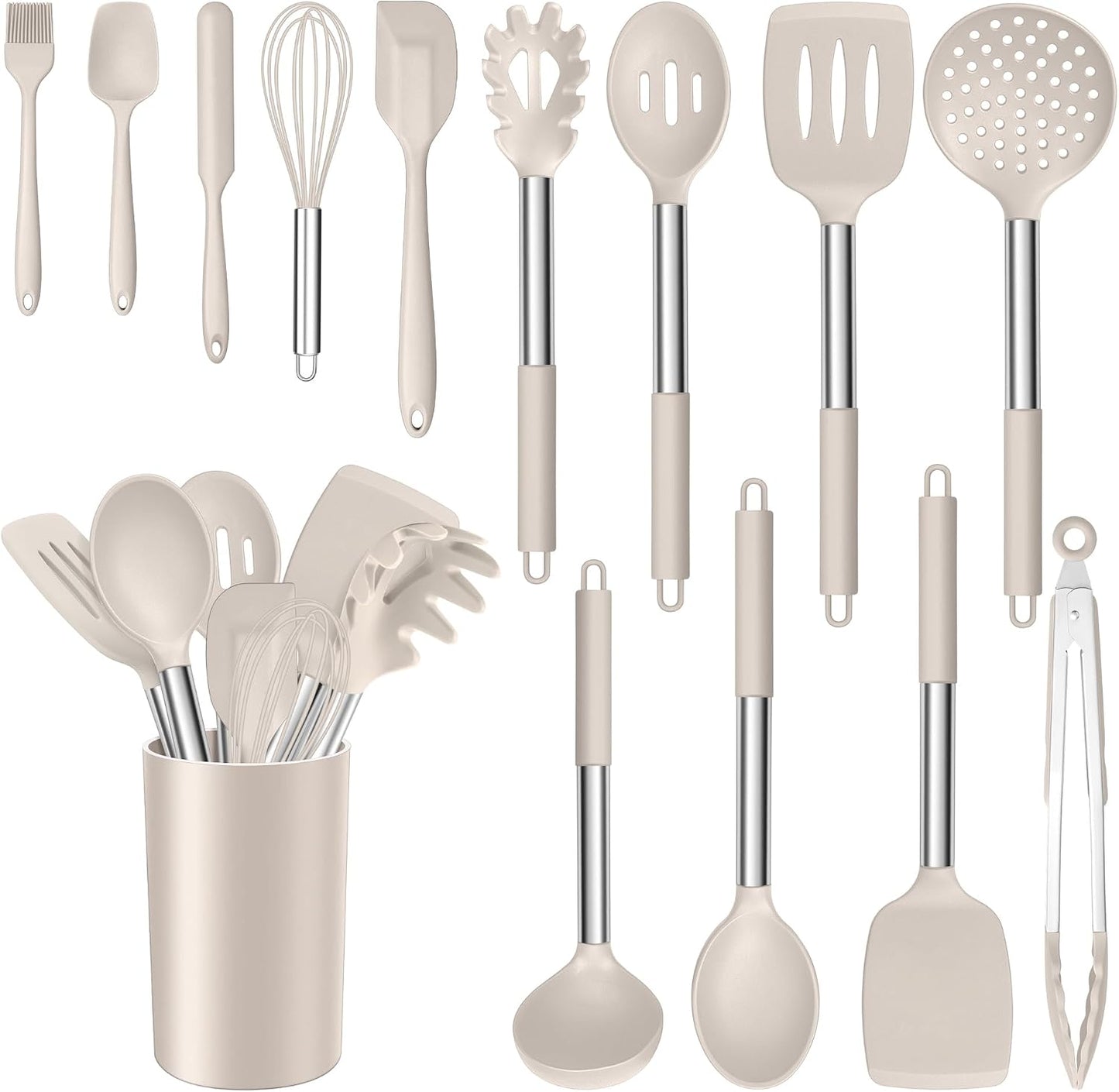 E-far 14 Pieces Silicone Cooking Utensils Set, Kitchen Utensils Set with Holder, Spatula, Ladle, Spoon, Tong, Slotted Turner for Nonstick Cookware, Heat Resistant & Stainless Steel Handle, Black