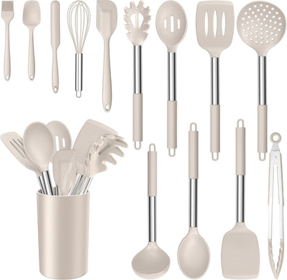 E-far 14 Pieces Silicone Cooking Utensils Set, Kitchen Utensils Set with Holder, Spatula, Ladle, Spoon, Tong, Slotted Turner for Nonstick Cookware, Heat Resistant & Stainless Steel Handle, Black