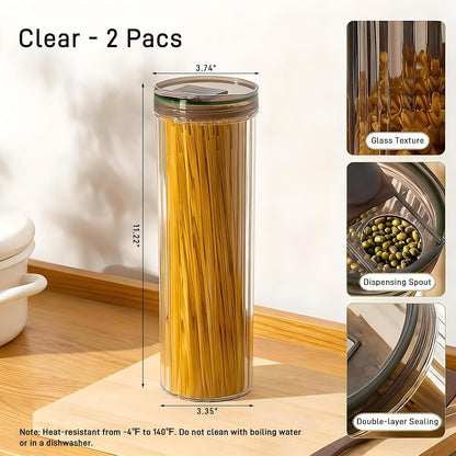 Airtight Spaghetti Container Storage Clear Pasta Holder Organizer | Eleven Inch Vertical Pasta Storage Canister Fits Full Length Noodles Cereal Rice Two Pack