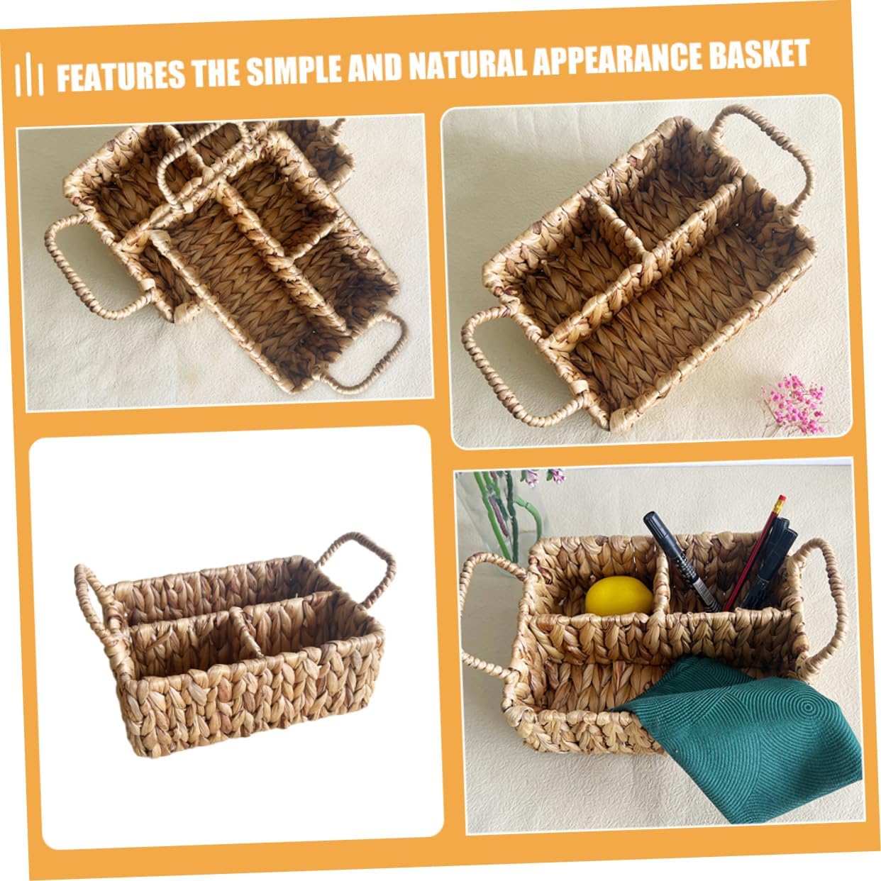 VOSAREA Woven Storage Basket with Divided Compartments Rustic Handcrafted Cutlery Organizer for Home Kitchen Living Room Stylish Sundries Management