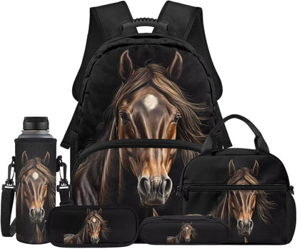 Highland Cow Backpack with Lunch Box Set for Kids Sunflower School Backpack for Girls Boys Back to School Bag Student Travel Backpacks Reusable Utensils Pen Case Water Bottle Bag 5PCS