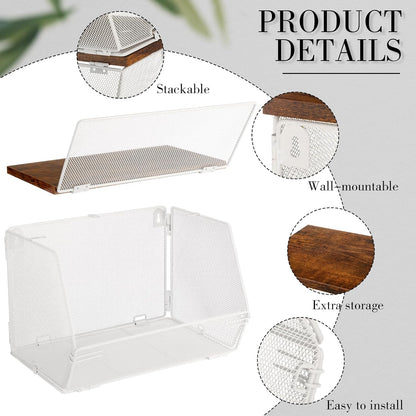 Teenyyou 2 Pcs Stackable Mesh Fruit Basket with Lid Wall Produce Vegetable Storage Basket Onion Potato Hanging Metal Wire Container for Kitchen Counter Pantry(Non-removable,Black,8.3" w & 13.8" l)