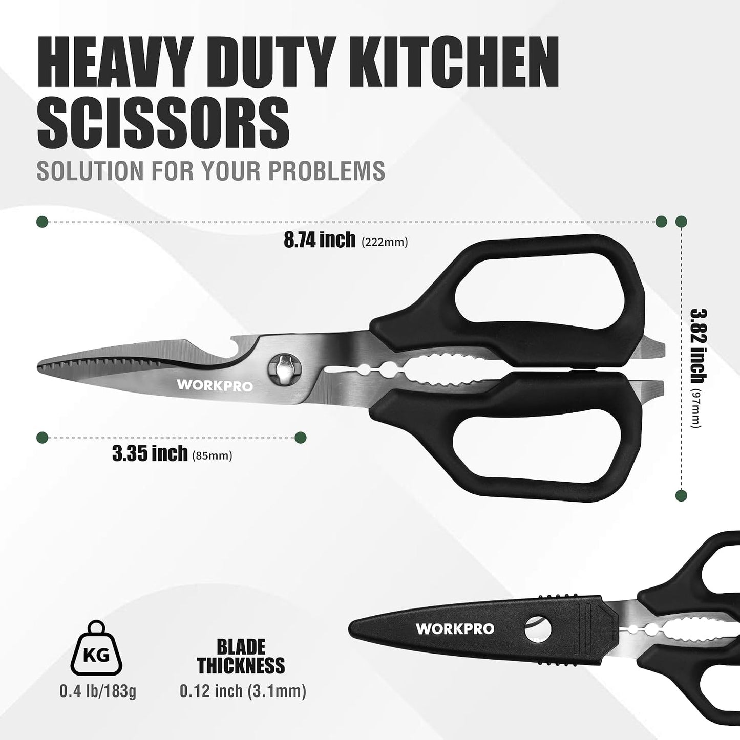 WORKPRO Kitchen Scissors, All Purpose Kitchen Shears with Detachable Stainless Steel Blades, Titanium Coated for Easy Cleaning, Heavy Duty for Meat, Fish, Nuts, Vegetables, Protective Cover Included
