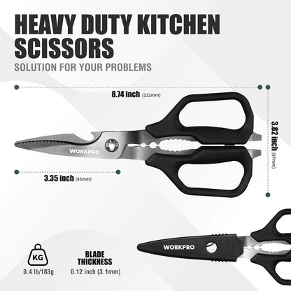 WORKPRO Kitchen Scissors, All Purpose Kitchen Shears with Detachable Stainless Steel Blades, Titanium Coated for Easy Cleaning, Heavy Duty for Meat, Fish, Nuts, Vegetables, Protective Cover Included