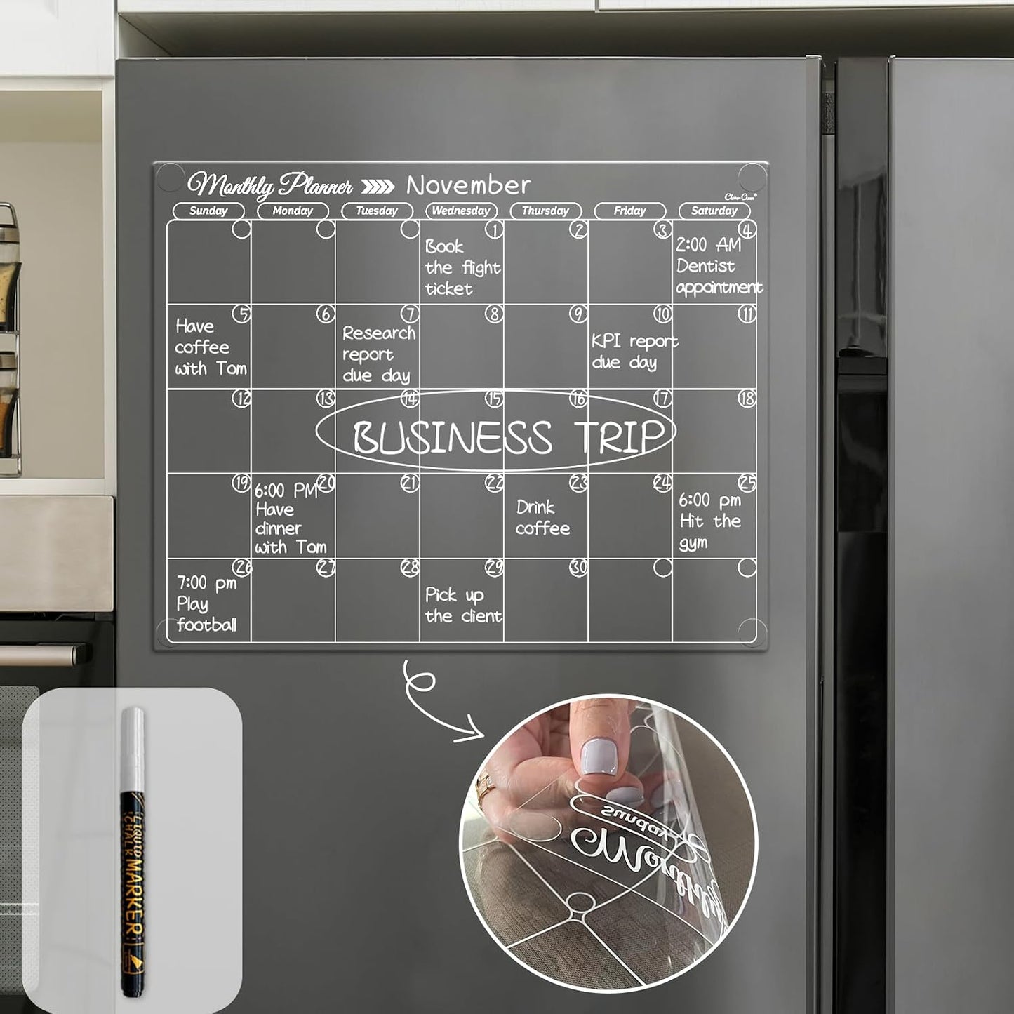 Clear Non-Magnetic Meal Planner Set for Fridge - Dry Erase Transparent Menu and List Board - Sticks to Wall, Glass, Door, Any Smooth Surfaces