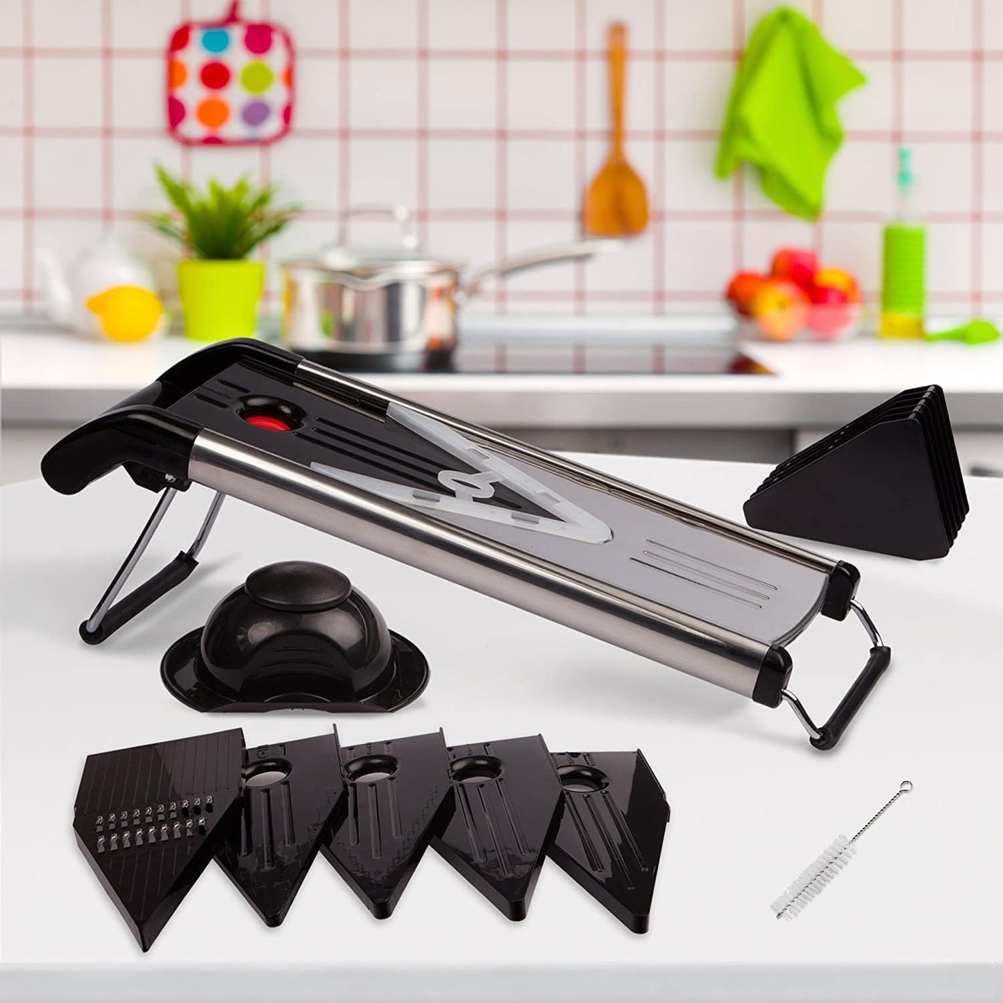 V Blade Stainless Steel Mandoline Slicer - Fruit and Food Slicer, Vegetable Cutter, Cheese Grater - Vegetable Julienne Slicer with Surgical Grade Stainless Steel Blades - Includes 6 Different Inserts