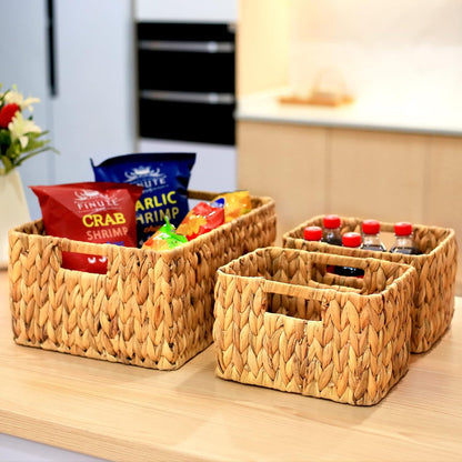 HOONEX Water Hyacinth Storage Baskets, Wicker Baskets for Storage, Hand Woven Baskets with Carry Handles, Set of 2, Natural