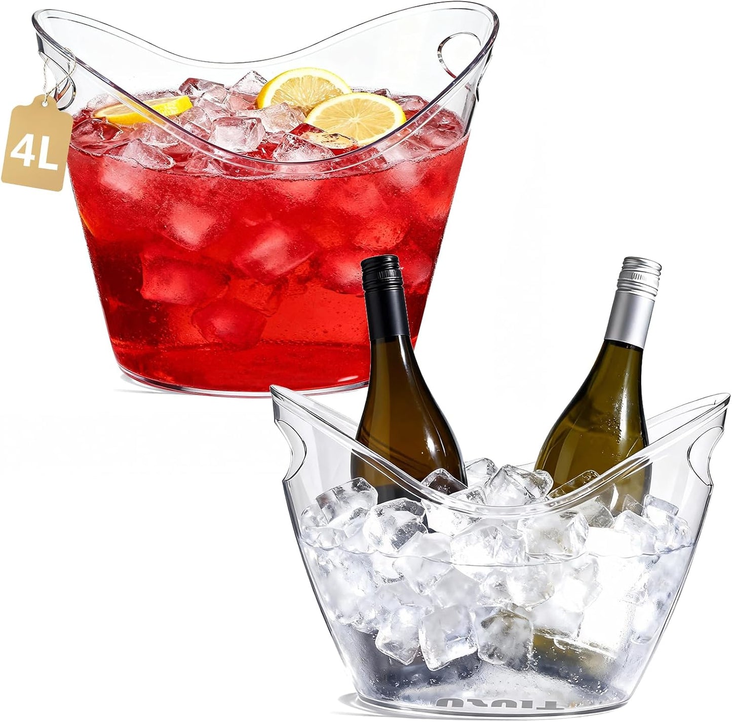 8L Extra Large Clear Acrylic Ice Bucket, 2 Pack | Heavy-Duty Clear Plastic, For Champagne, Wine, & Beer, Portable Drink Cooler, For Large Parties, Weddings, Bar Use
