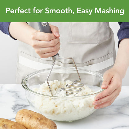 Tovolo Elements Stainless Steel Masher Tool for Mashing Potatoes Avocado Vegetables & More, Dishwasher Safe Potato Masher with Comfort Grip Handle Hanging Loop for Convenient Storage, Charcoal Gray