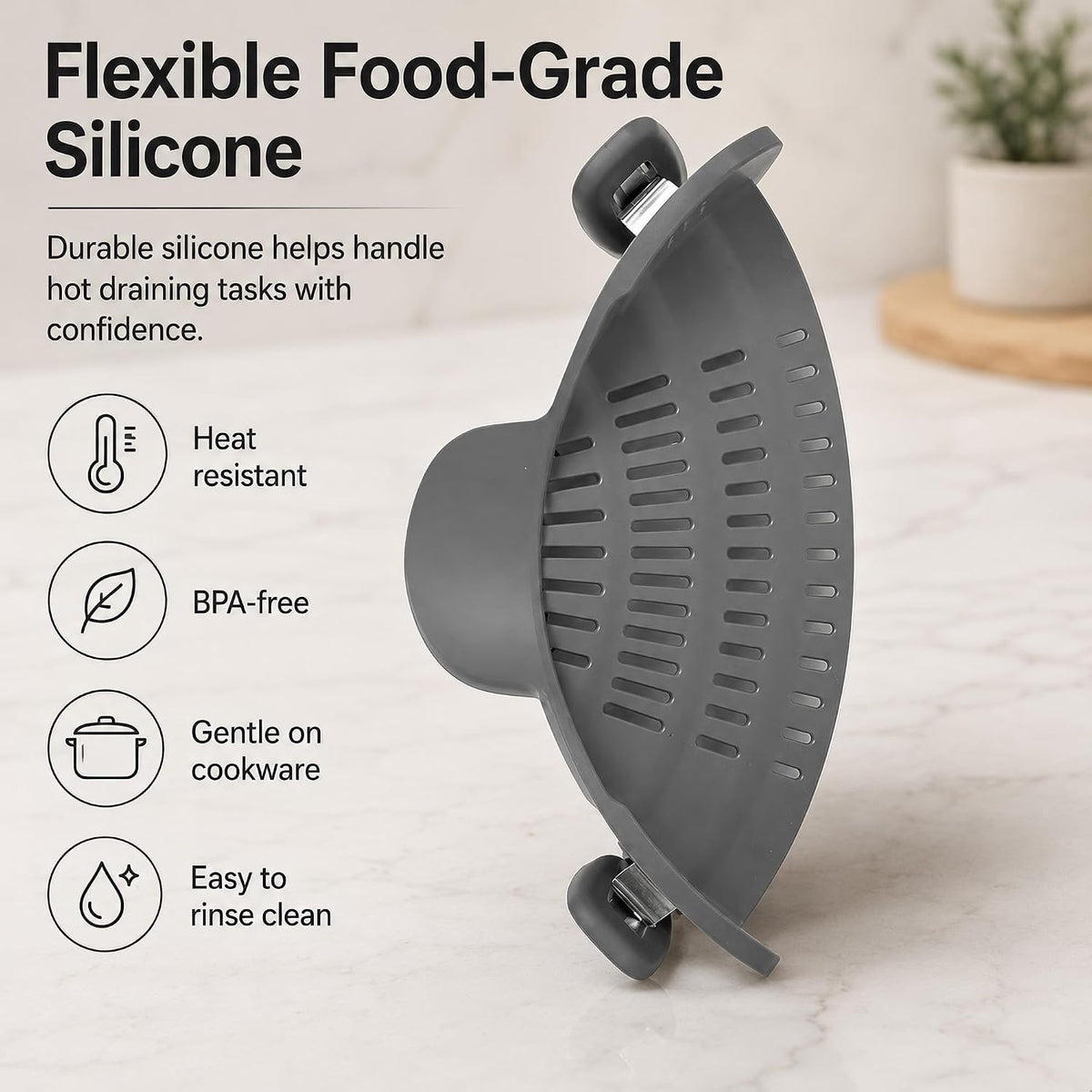 Clip-On Silicone Pot Strainer, Hands-Free Pasta Colander, Grey