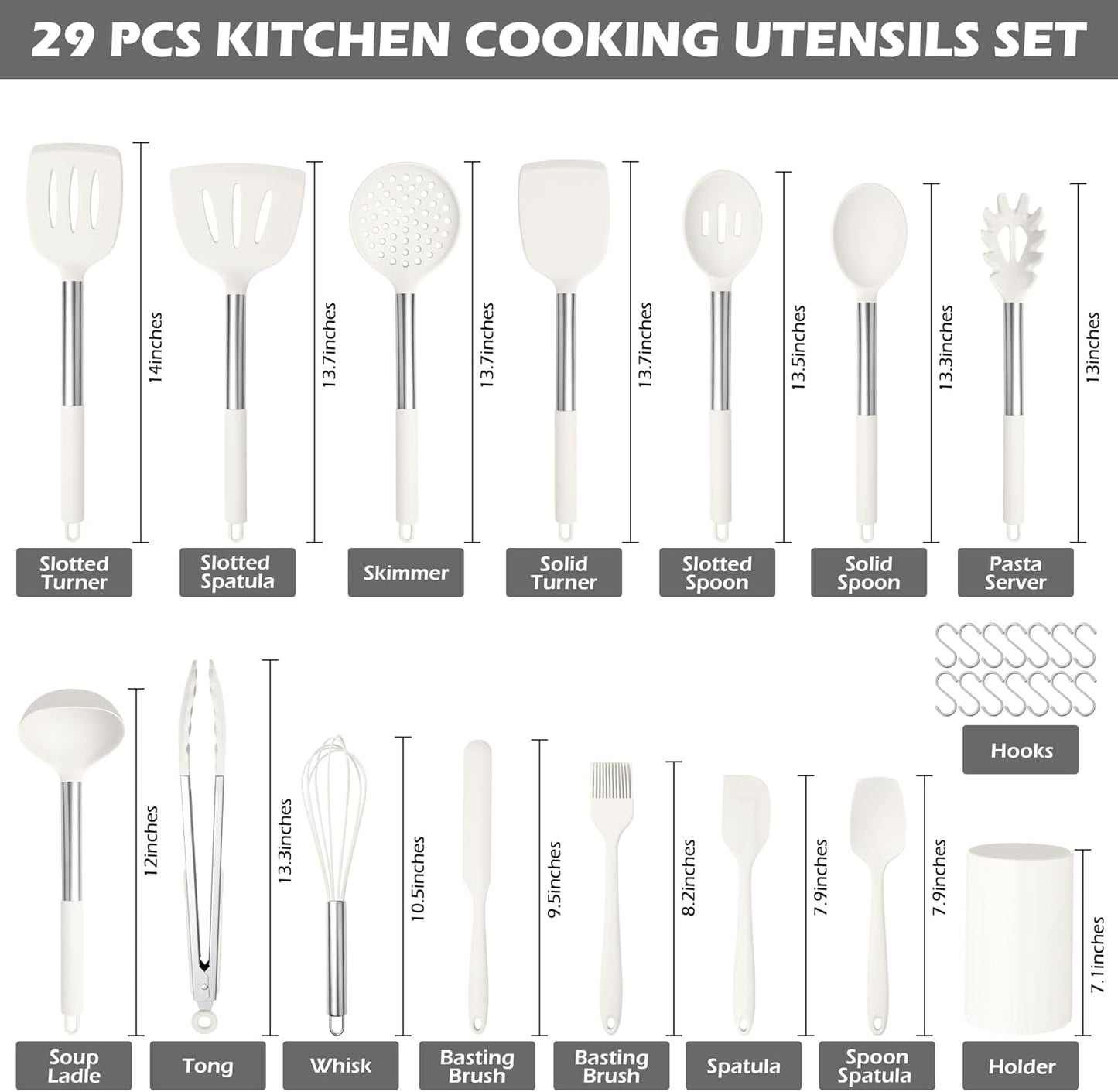 HaWare 29 PCS Silicone Cooking Utensils Set, Heat Resistant Kitchen Utensils Set with Stainless Steel Handle, Spatula Sets with Holder and Hooks, Kitchen Tools Gadgets for Nonstick Cookware -Khaki
