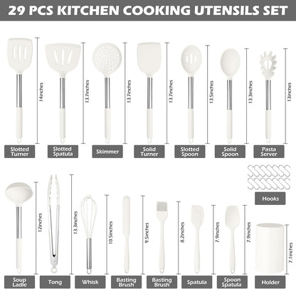 HaWare 29 PCS Silicone Cooking Utensils Set, Heat Resistant Kitchen Utensils Set with Stainless Steel Handle, Spatula Sets with Holder and Hooks, Kitchen Tools Gadgets for Nonstick Cookware -Khaki