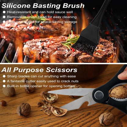 POLIGO 29 PCS BBQ Grill Accessories Stainless Steel BBQ Tools Grilling Tools Set with Storage Bag for Fathers Day Dads Birthday Presents - Camping Grill Utensils Set Ideal Grilling Gifts for Men Brown