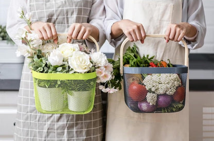 AJIODA Metal Mesh Steel Basket, Storage Organizer Basket Multi-functional Hanging Kitchen Baskets Fruit Basket Bin with Bamboo Handle for Kitchen Bathroom Picnic Shopping Decor Cabinet Home, Blue