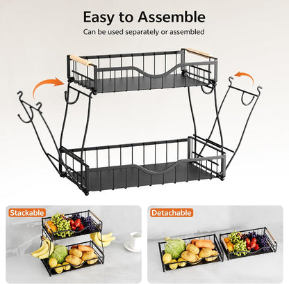 3 Tier Fruit Basket for Kitchen Countertop with 2 Banana Hangers,Detachable Metal Fruit Bowl with Wooden Handles and Protective Pads,Large Capacity Fruit and Vegetable Basket Organizer,Black