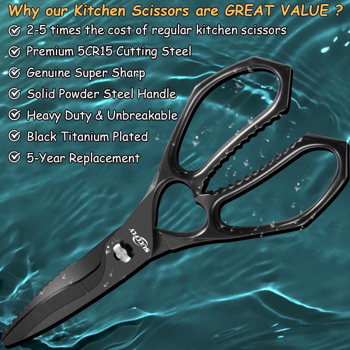 SUCCFLY Kitchen Scissors for Food，Premium Kitchen Shears Heavy Duty，8.8″Ultra Sharp Meat Scissors Detachable Blade，All Steel Poultry Shears Black Titanium Plated，Anti-Slip Cooking Scissor All Purpose